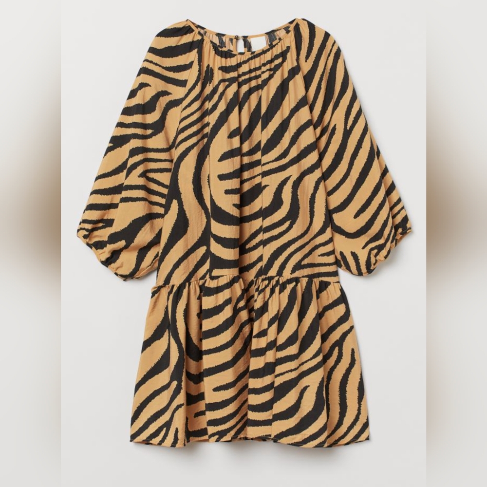 H&M Zebra Print Balloon Sleeve Ruffle Hem Summer Mini Dress Size L
